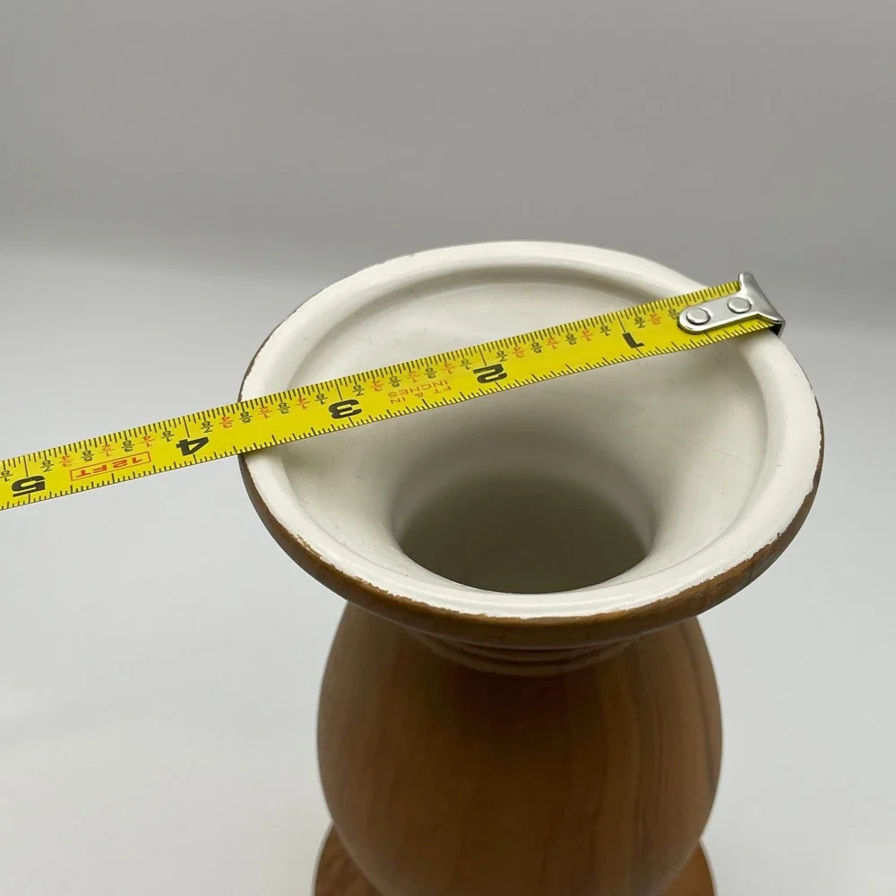 Rustic Ceramic Faux Wood Grain Urn Vase Candle Holder Brown White 7 Inch Decor